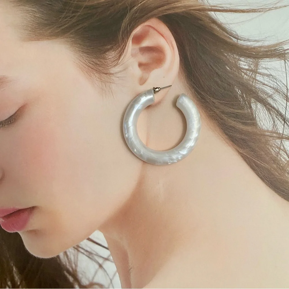 4/$15 White Chunky Acrylic Marble Thick Hoop Earrings